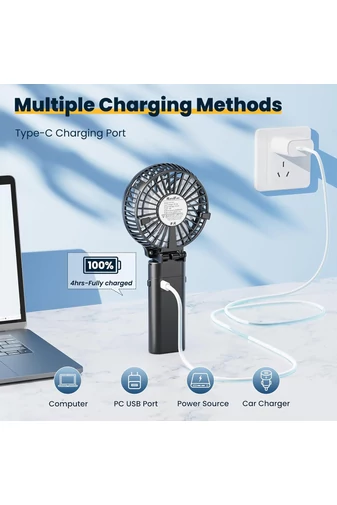 Hordozható Ventilátor 2az1-ben USB töltő Power Bank típusú, 180°-ban összecsukható, Fekete