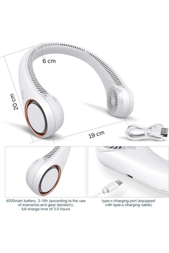 Hordozható Nyaki Ventilátor Ergonomikus kialakítással, 3 sebességfokozattal, Fehér