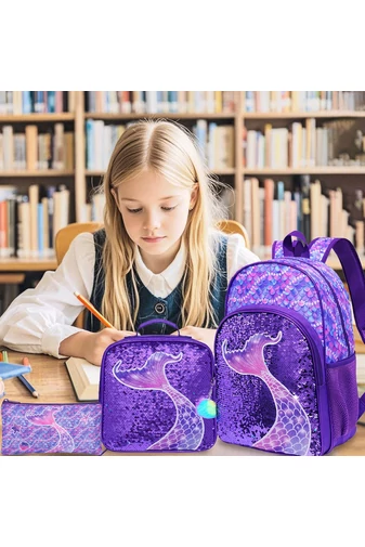 Iskolai Hátizsák Szett Lányoknak, Sellő Mintával és Flitteres Díszítéssel, Sötétlila (3 darabos szett)