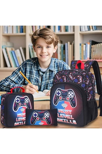 Iskolai Hátizsák Szett Fiúknak, Gamer Mintával, Fekete (3 darabos szett)