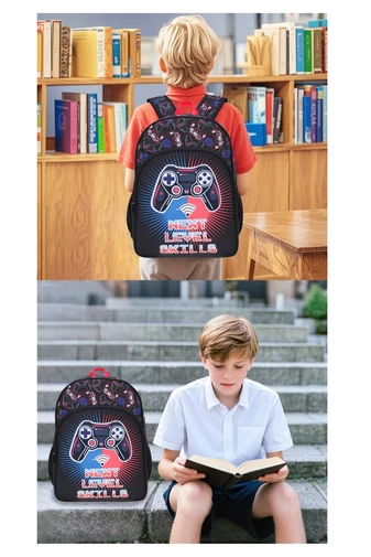 Iskolai Hátizsák Szett Fiúknak, Gamer Mintával, Fekete (3 darabos szett)