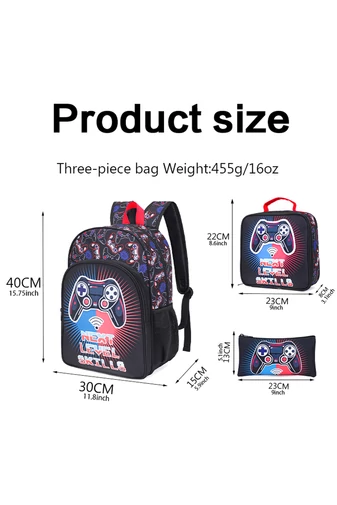 Iskolai Hátizsák Szett Fiúknak, Gamer Mintával, Fekete (3 darabos szett)