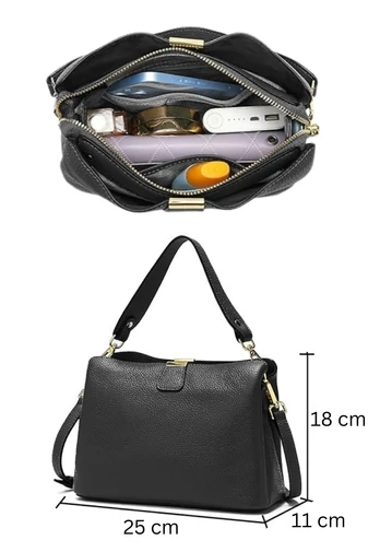 Válltáska/Crossbody táska 2az1-ben, Valódi Bőrből, Kompakt, Elegáns, Bonluo, Fekete 18×25×11cm