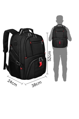 Multifunkciós Hátizsák USB-porttal, Vízálló, Laptoprekesszel Sok Zsebbel Fekete 52×38×24cm
