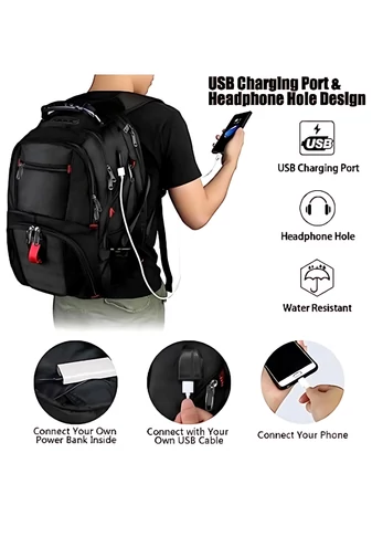 Multifunkciós Hátizsák USB-porttal, Vízálló, Laptoprekesszel Sok Zsebbel Fekete 52×38×24cm