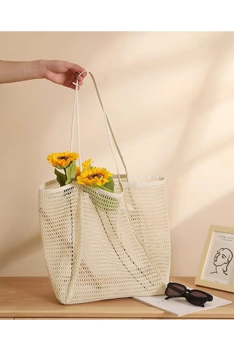 Hálós Strandtáska Oxford szövetből, összecsukható könnyű, nagy kapacitású Bézs 37*35*14cm Bonluo