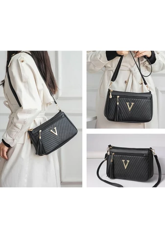 Női Crossbody Táska Elegáns Ökobőrböl Vízálló, Fém V kezdőbetűvel, Kék 26*16*8 cm
