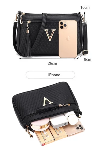 Női Crossbody Táska Elegáns Ökobőrböl Vízálló, Fém V kezdőbetűvel, Kék 26*16*8 cm