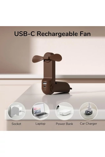 Barna Hordozható F8X 3 az 1-ben Mini Ventilátor – Összecsukható Kivitel Külső Akkumulátorral és Zseblámpával, 4000 mAh, USB-C