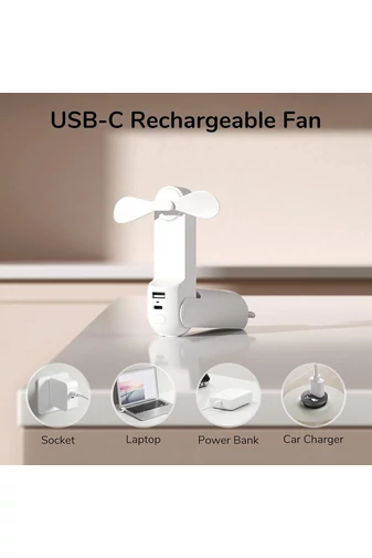 Fehér Hordozható F8X 3 az 1-ben Mini Ventilátor – Összecsukható Kivitel Külső Akkumulátorral és Zseblámpával, 4000 mAh, USB-C