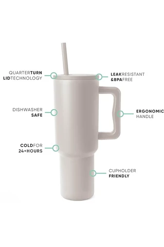 Bézs termoszbögre 1200 ml-es, szívószállal, ergonomikus fogantyúval és gyorszáras tetővel – ideális autóba