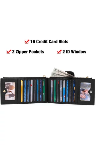 Női Pénztárca RFID, PU bőrből, 16 kártyatartóval Fekete 19,5×11×2cm