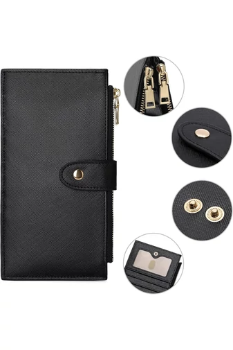 Női Pénztárca RFID, PU bőrből, 16 kártyatartóval Fekete 19,5×11×2cm
