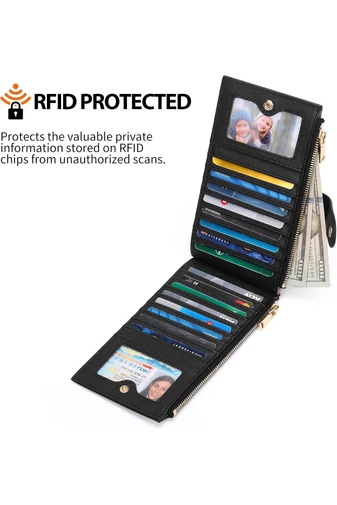 Női Pénztárca RFID, PU bőrből, 16 kártyatartóval Fekete 19,5×11×2cm