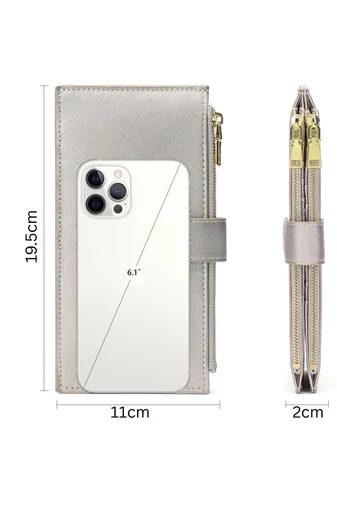 Női Pénztárca RFID, PU bőrből, 16 kártyatartóval Ezüst 19,5×11×2cm
