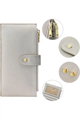 Női Pénztárca RFID, PU bőrből, 16 kártyatartóval Ezüst 19,5×11×2cm