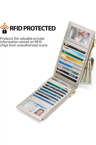 Női Pénztárca RFID, PU bőrből, 16 kártyatartóval Ezüst 19,5×11×2cm