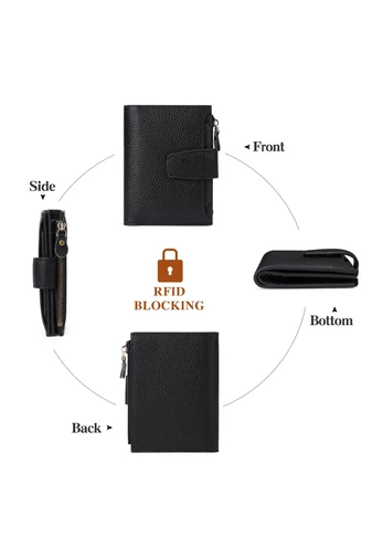 Női Pénztárca, PU bőrből, RFID védelemmel, Bonluo Fekete 10×13×3cm
