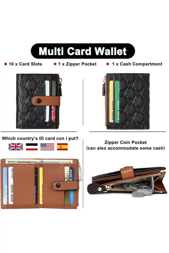 Női Pénztárca Valódi Bőrből, RFID Védelemmel, 10 kártyatartóval, Bonluo Fekete-Barna 11,7×9×1,2 cm