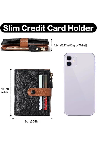 Női Pénztárca Valódi Bőrből, RFID Védelemmel, 10 kártyatartóval, Bonluo Fekete-Barna 11,7×9×1,2 cm