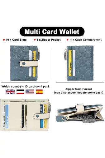 Női Pénztárca Valódi Bőrből, RFID Védelemmel, 10 kártyatartóval, Bonluo Kék-Fehér 11,7×9×1,2 cm
