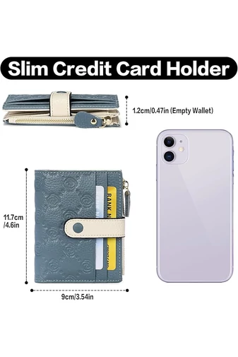 Női Pénztárca Valódi Bőrből, RFID Védelemmel, 10 kártyatartóval, Bonluo Kék-Fehér 11,7×9×1,2 cm