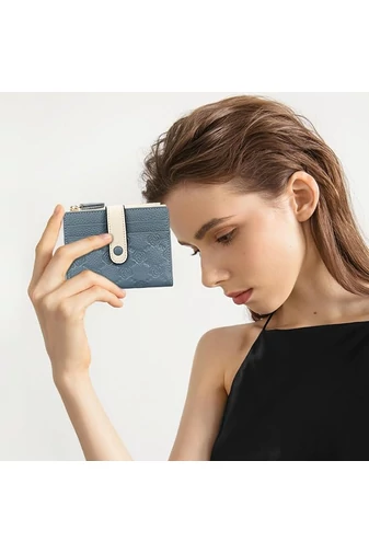 Női Pénztárca Valódi Bőrből, RFID Védelemmel, 10 kártyatartóval, Bonluo Kék-Fehér 11,7×9×1,2 cm