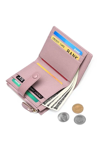 Női Pénztárca Valódi Bőrből, RFID Védelemmel, 10 kártyatartóval, Bonluo Lila 11,7×9×1,2 cm