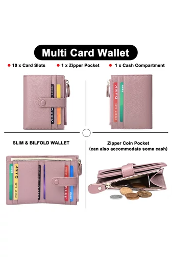 Női Pénztárca Valódi Bőrből, RFID Védelemmel, 10 kártyatartóval, Bonluo Lila 11,7×9×1,2 cm