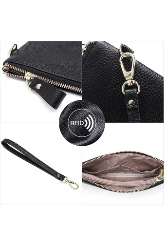 Női Pénztárca Valódi Bőrből, RFID Védelemmel, Elegáns, Fekete Bonluo 11×19cm