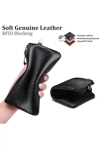 Női Pénztárca Valódi Bőrből, RFID Védelemmel, Elegáns, Fekete Bonluo 11×19cm