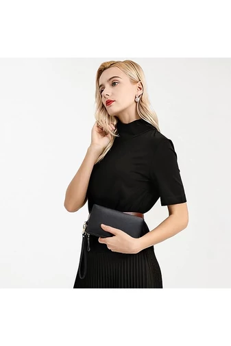 Női Pénztárca Valódi Bőrből, RFID Védelemmel, Elegáns, Fekete Bonluo 11×19cm