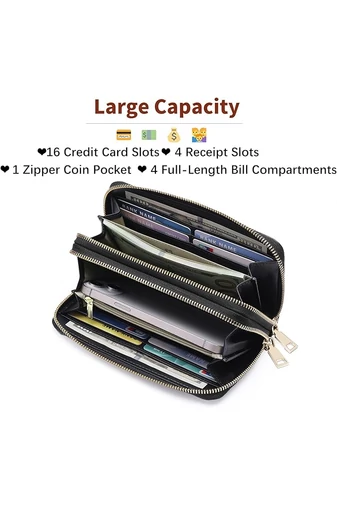Női Pénztárca, PU Bőrből, RFID Védelemmel, Elegáns Virágmintás Design, Bonluo Fekete 19×10×4cm