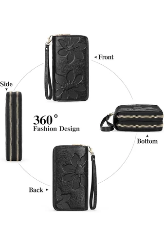 Női Pénztárca, PU Bőrből, RFID Védelemmel, Elegáns Virágmintás Design, Bonluo Fekete 19×10×4cm