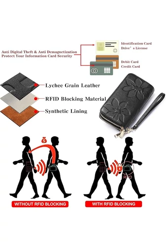 Női Pénztárca, PU Bőrből, RFID Védelemmel, Elegáns Virágmintás Design, Bonluo Fekete 19×10×4cm