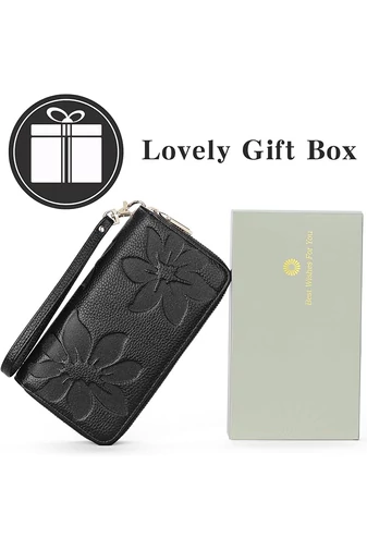 Női Pénztárca, PU Bőrből, RFID Védelemmel, Elegáns Virágmintás Design, Bonluo Fekete 19×10×4cm
