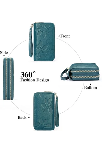 Női Pénztárca, PU Bőrből, RFID Védelemmel, Elegáns Virágmintás Design, Bonluo Kék 19×10×4cm