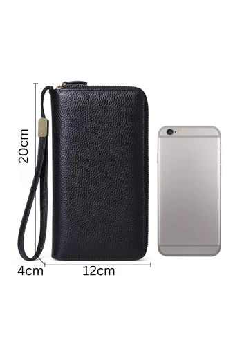 Női Pénztárca Valódi Bőrből, Két Cipzárral és Telefonnak Kialakított Rekesszel, Bonluo Fekete 20×12×4cm
