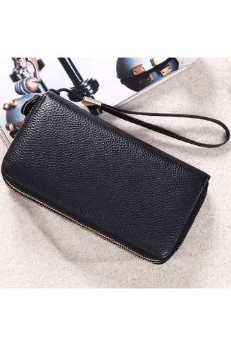 Női Pénztárca Valódi Bőrből, Két Cipzárral és Telefonnak Kialakított Rekesszel, Bonluo Fekete 20×12×4cm