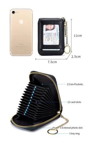 Kártyatartó Valódi Bőrből, RFID Védelemmel, Bonluo Fekete 11×7,5×2,5cm