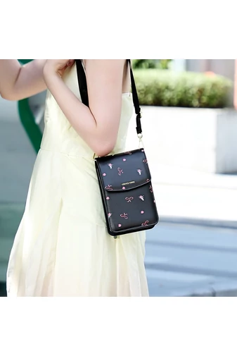Crossbody Táska Mini, PU anyagból, Virágmintás Dizájnnal, Bonluo Fekete 19,5×13×5cm