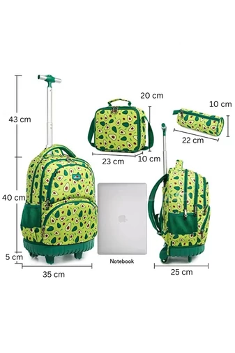 Hátizsák Szett Beépített Kerekekkel 3az1ben, Avokádó Mintával, Vászontáskával és Tolltartóval, Zöld, Bonluo 40×35×25cm