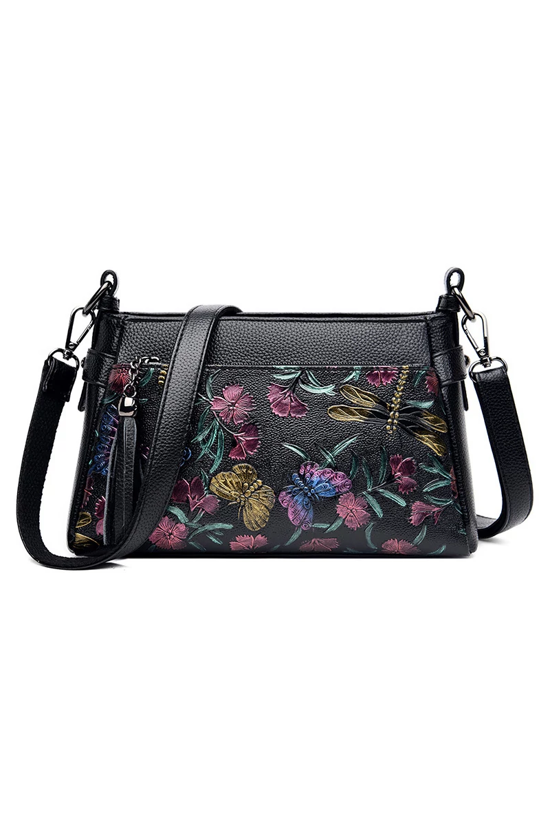 Fekete virágmintás műbőr Crossbody táska (15x25x10cm)
