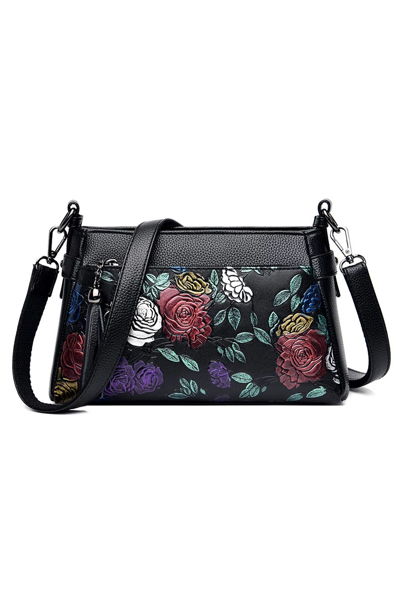 Fekete rózsa mintás műbőr Crossbody táska (15x25x10cm)