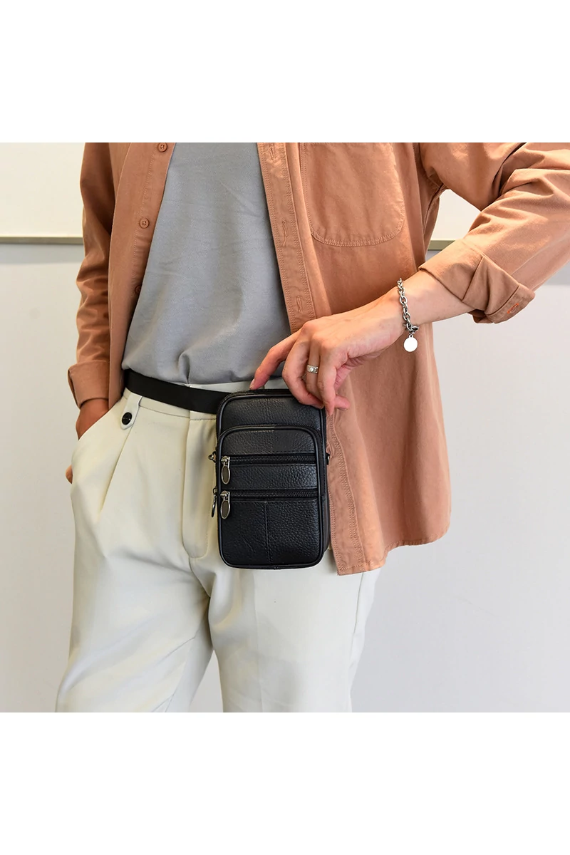 Fekete Valódi Bőr Mini Crossbody Táska/Övtáska (19x11x5cm)