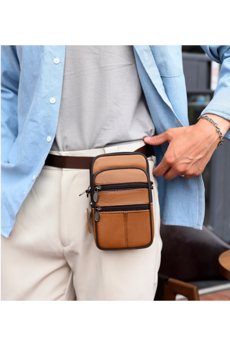 Barna Valódi Bőr Mini Crossbody Táska/Övtáska (19x11x5cm)
