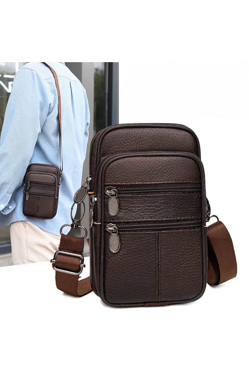 Sötétbarna Valódi Bőr Mini Crossbody Táska/Övtáska (19x11x5cm)