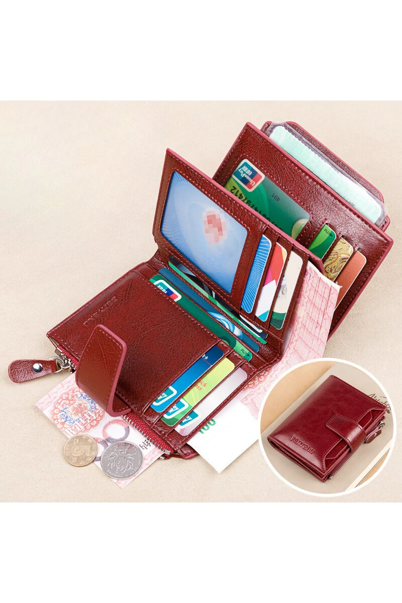 Női bordó valódi bőr pénztárca több rekesszel (12,5x9,5x2,5cm)