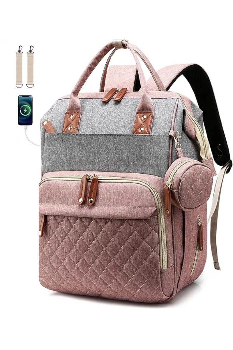 Rózsaszín többfunkciós poliészter hátizsák anyukáknak USB csatlakozóval Wizz Air méretben (40x29x15cm)