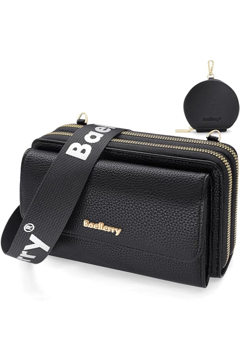 Fekete műbőr 2 az 1-ben Crossbody táska/pénztárca kompakt kialakítással és mini pénztárcával (11x19x7cm)